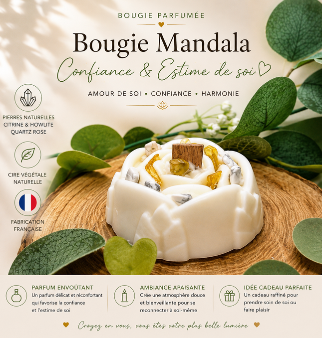 Bougie Mandala • Estime de Soi  avec cire de soja et pierres de lithothérapie