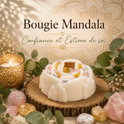 Bougie mandala estime de soi avec pierres de citrine et howlite