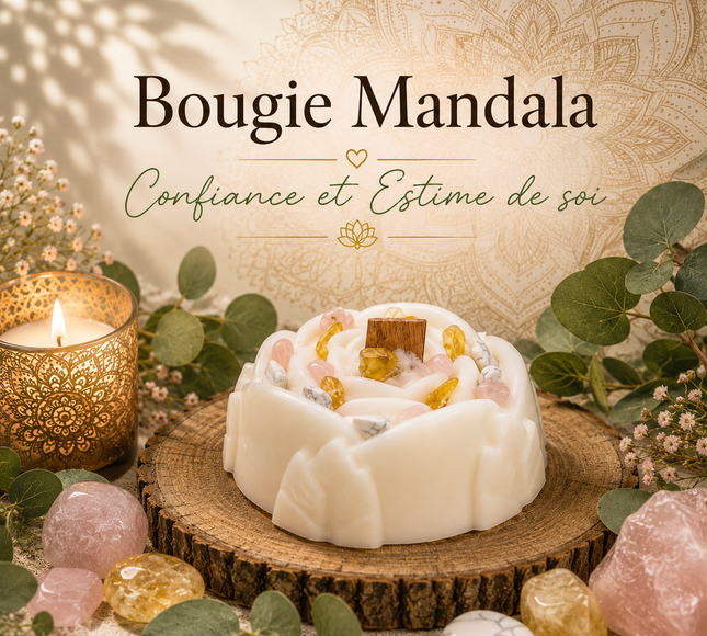 Bougie mandala estime de soi avec pierres de citrine et howlite