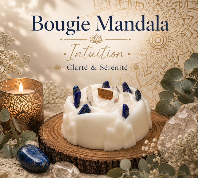 Bougie mandala intuition et clarté avec pierres de cristal et lapis lazuli