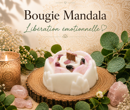 Bougie mandala libération émotionnelle avec quartz rose et rhodonite