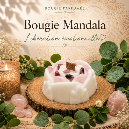 Bougie mandala libération émotionnelle avec quartz rose et rhodonite