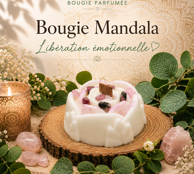 Bougie mandala libération émotionnelle avec quartz rose et rhodonite