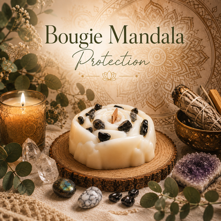Bougie Mandala Protection avec symbole mandala et pierres lithothérapie