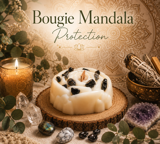 Bougie Mandala Protection avec symbole mandala et pierres lithothérapie