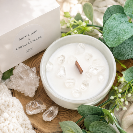 Bougie aromatique musc blanc avec cristal de roche pour purification et élévation