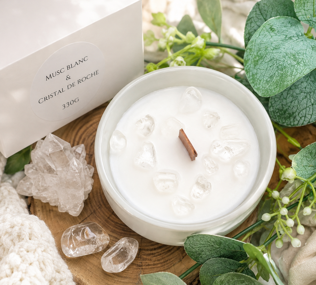 Bougie aromatique musc blanc avec cristal de roche pour purification et élévation