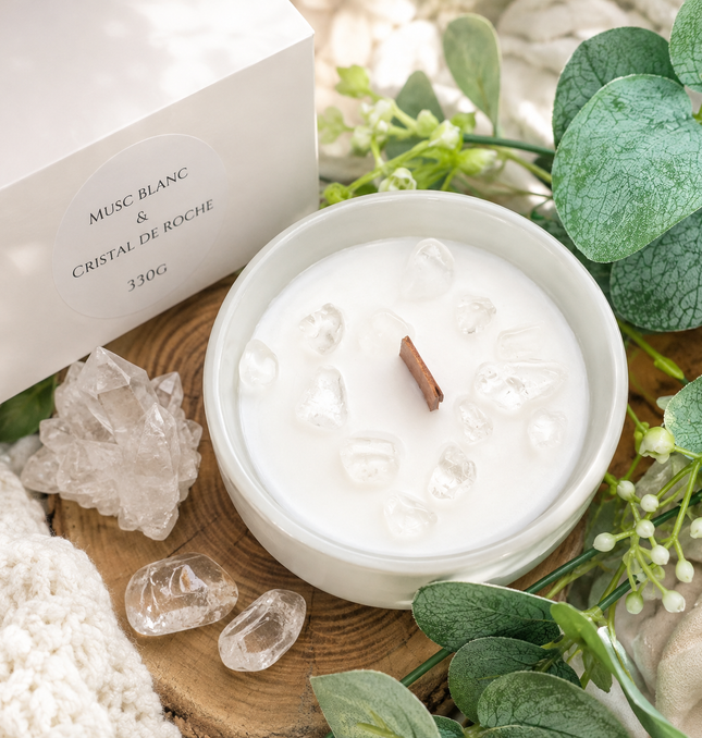 Bougie aromatique musc blanc avec cristal de roche pour purification et élévation