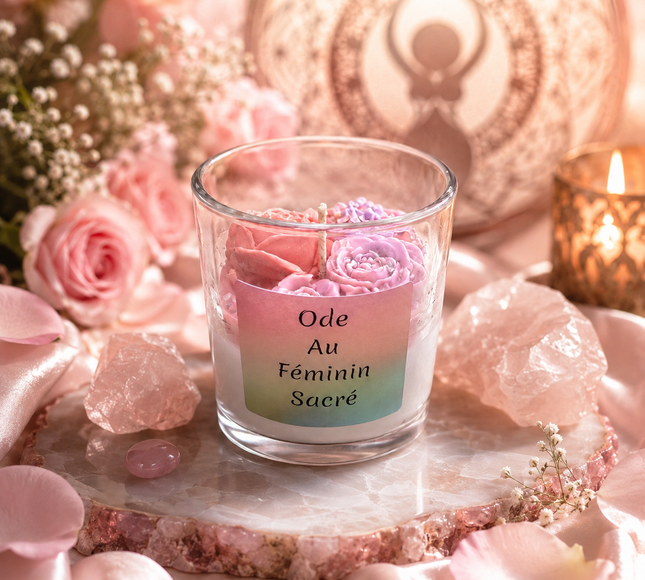 bougie ode au féminin sacré parfum rose quartz améthyste artisanale