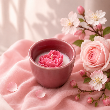 Bougie Parfumée Flamme de Cœur artisanale en céramique avec senteurs musc blanc, rose et fleur de pommier