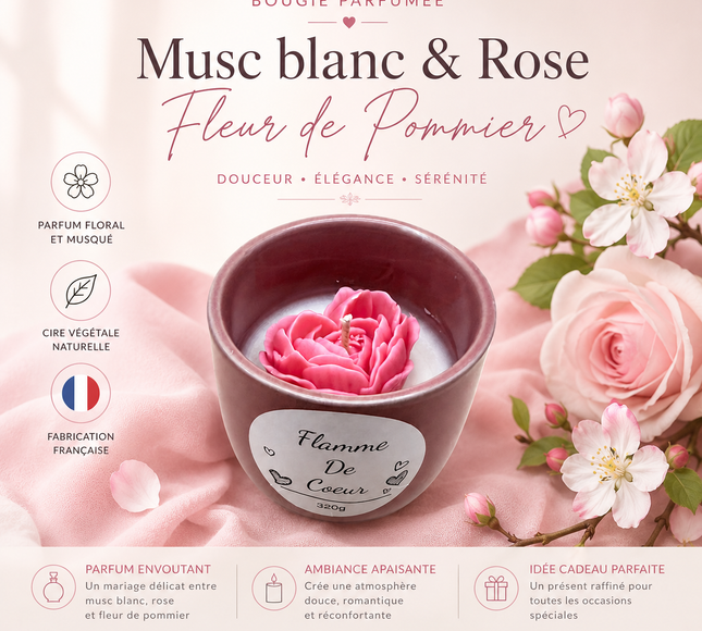 bougie flamme de cœur cire soja rose musc blanc fleur pommier