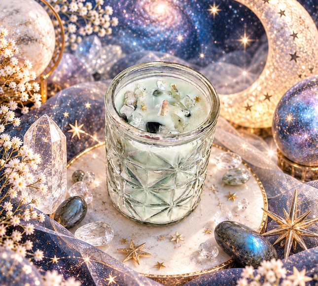 Bougie parfumée Interstellaire en cire vert pâle dans un pot en verre facetté, ornée de pierres et d’étoiles dorées