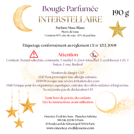 Bougie parfumée Interstellaire en verre avec pierre de lune et parfum musc blanc