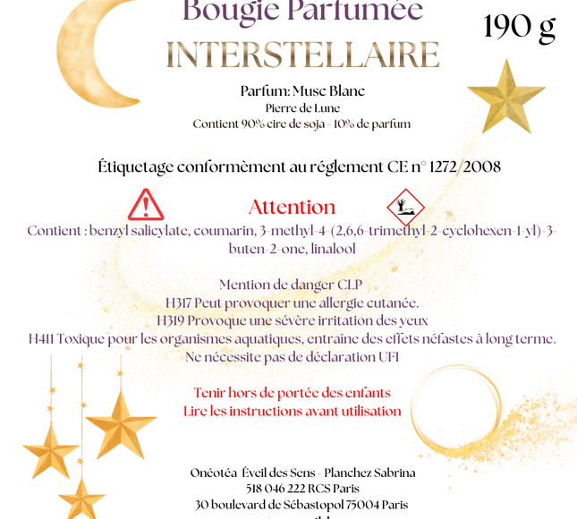 Bougie parfumée Interstellaire en verre avec pierre de lune et parfum musc blanc