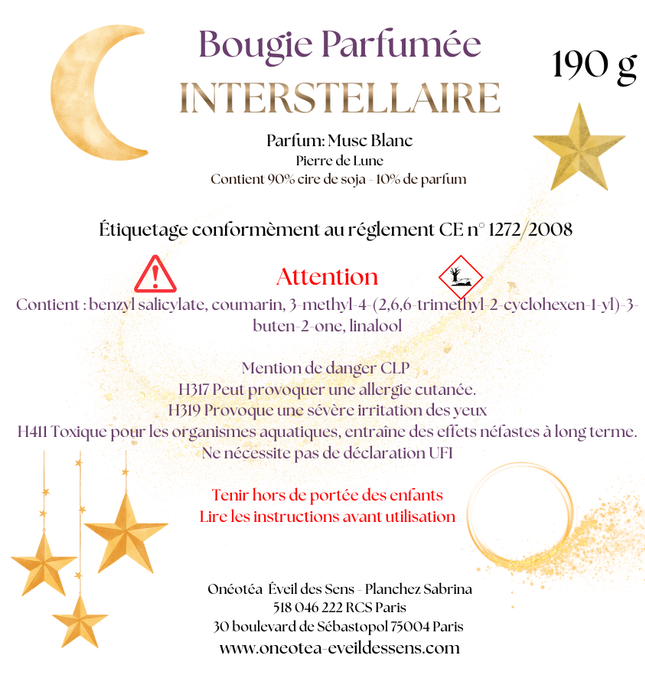 Bougie parfumée Interstellaire en verre avec pierre de lune et parfum musc blanc