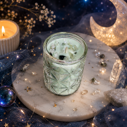 Bougie parfumée interstellaire en verre avec pierre de lune et parfum musc blanc