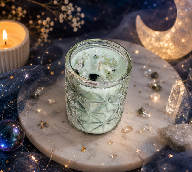 Bougie parfumée interstellaire en verre avec pierre de lune et parfum musc blanc