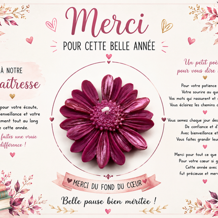 Bougie parfumée artisanale avec carte A5 pour remercier une maîtresse
