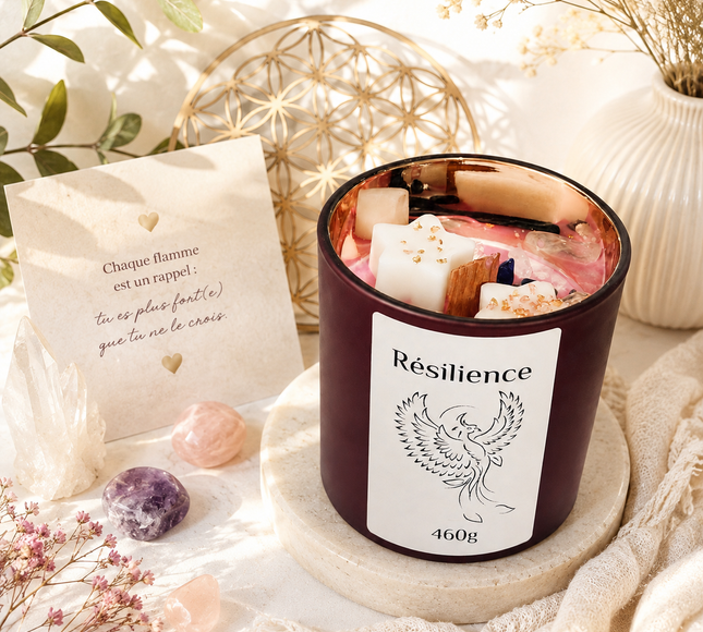 Bougie parfumée Résilience artisanale en cire de soja avec cristal de roche