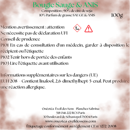Bougie parfumée Sauge Anis : étiquette blanche aux inscriptions vertes et noires, avec pictogrammes de sécurité et mention 100 g.