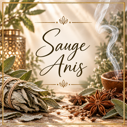 Bougie parfumée Sauge Anis évoquée par des feuilles de sauge séchées, des étoiles d’anis brun et une fumée blanche