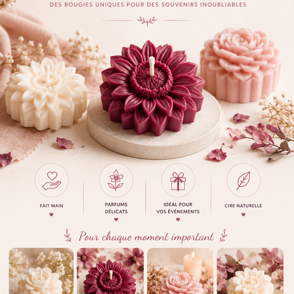 Bougie personnalisée artisanale parfumée en forme de fleur pour événement