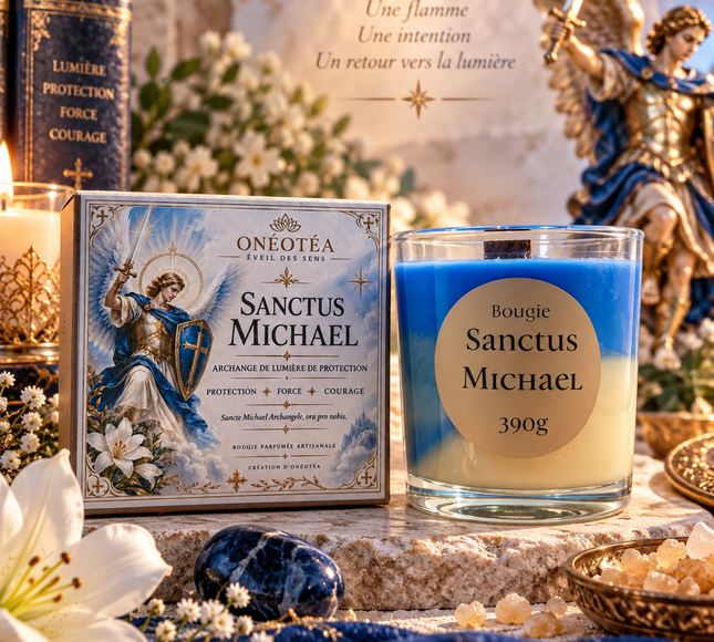 Bougie artisanale Saint Michel Archange musc blanc encens protection