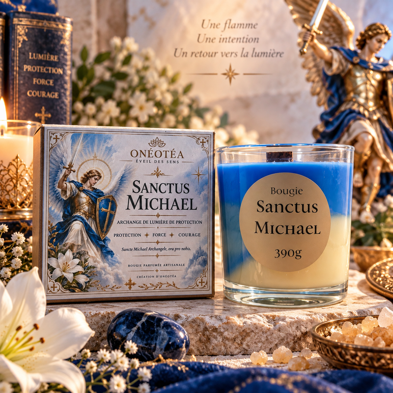 Bougie artisanale Saint Michel Archange musc blanc encens protection