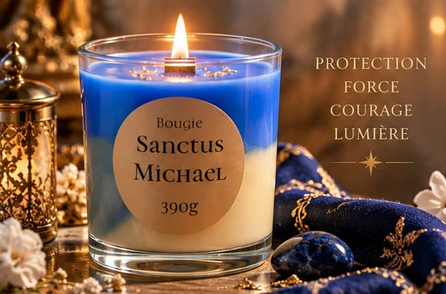 Bougie artisanale Saint Michel musc blanc encens flamme protectrice