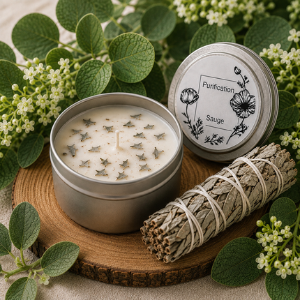 Bougie Sauge Blanche en cire crème dans un contenant métallique, parsemée de feuilles séchées, avec couvercle illustré