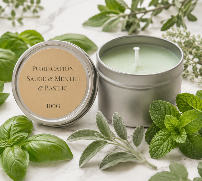 Bougie parfumée sauge menthe basilic pour purification et harmonie