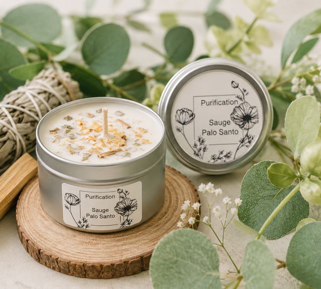 Bougie parfumée sauge et palo santo pour purification et protection énergétique