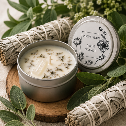 Bougie artisanale purifiante sauge et pierre de sélénite