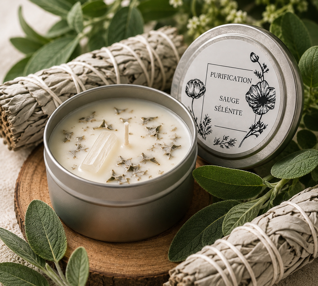 Bougie artisanale purifiante sauge et pierre de sélénite