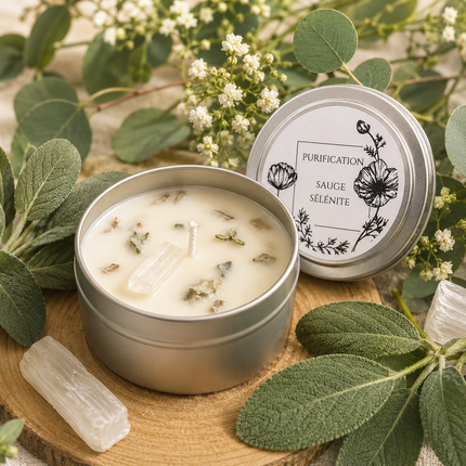 Bougie sauge pierre de sélénite pour purification et clarté