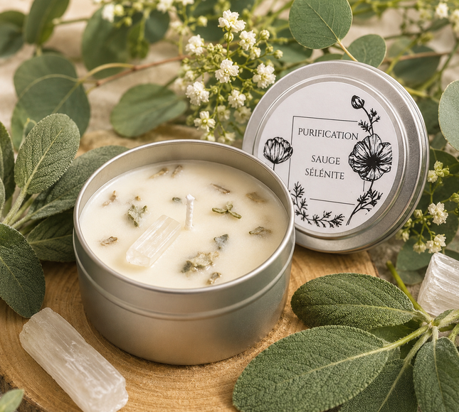 Bougie sauge pierre de sélénite pour purification et clarté
