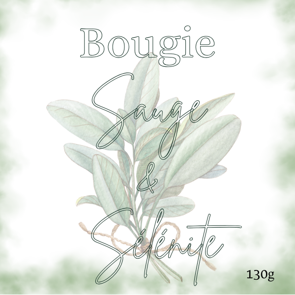 Bougie artisanale sauge et pierre de sélénite pour purification énergétique
