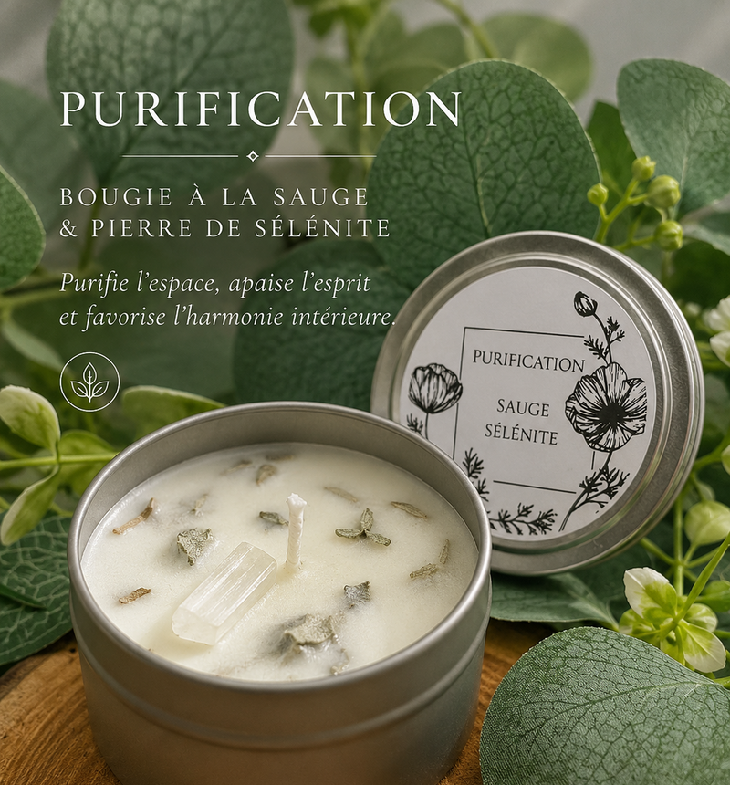 Bougie artisanale sauge et pierre de sélénite pour purification énergétique