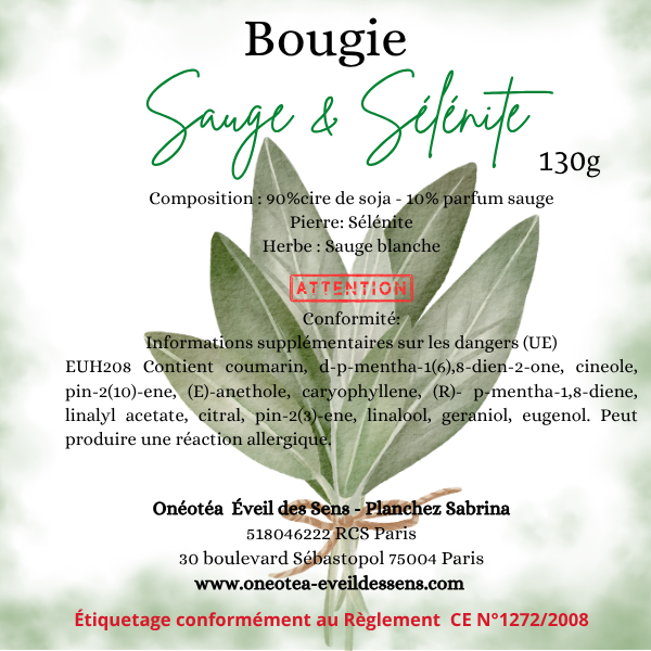 Bougie artisanale sauge et pierre de sélénite pour purification et élévation énergétique