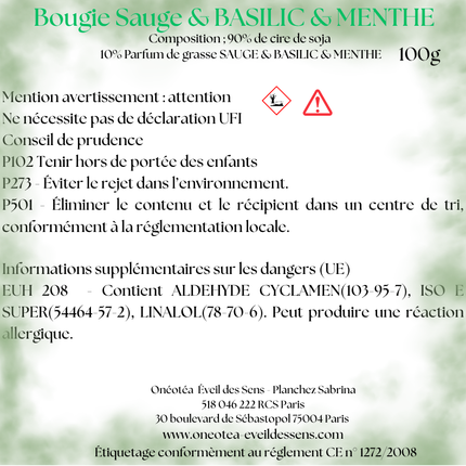 Bougie Sauge Menthe Basilic | Parfum Aromatique | Onéotéa