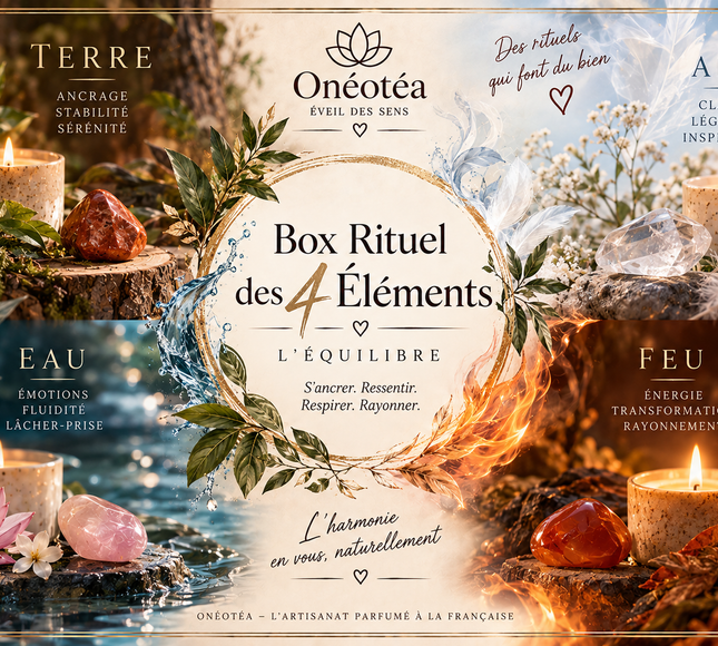 Coffret Bougies 4 Éléments illustré d’une étiquette centrale, entourée de bougies, pierres et motifs végétaux.
