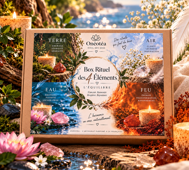 Coffret Bougies 4 Éléments en carton brun, illustré de paysages naturels et de motifs Terre, Eau, Air et Feu.