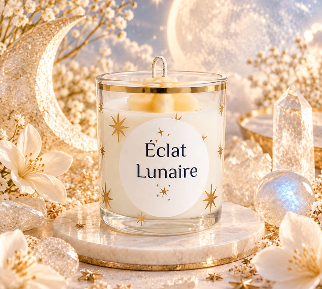 Bougie Éclat Lunaire en cire blanche dans un verre transparent cerclé d’or, ornée d’étoiles dorées et d’une mèche en coton.