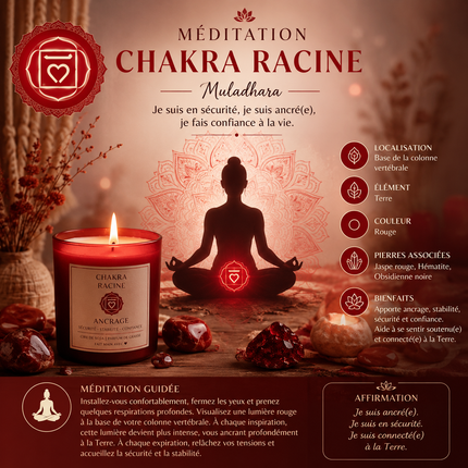 fiole chakra racine avec pierres rouges et herbes pour ancrage et vitalité