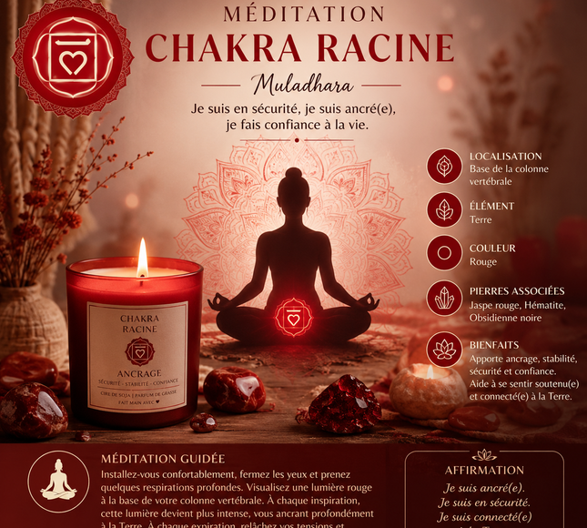 fiole chakra racine avec pierres rouges et herbes pour ancrage et vitalité