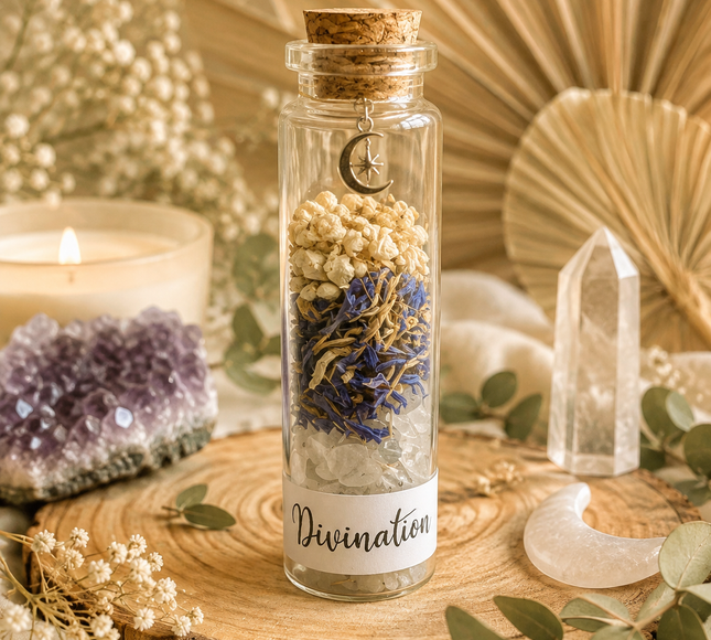 fiole de divination en verre avec pierre de lune et bleuet pour clairvoyance