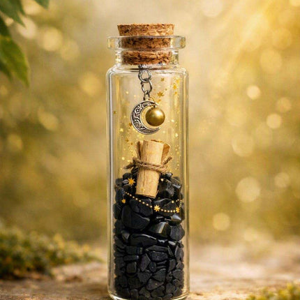 Fiole de protection en verre avec shungite et obsidienne noire