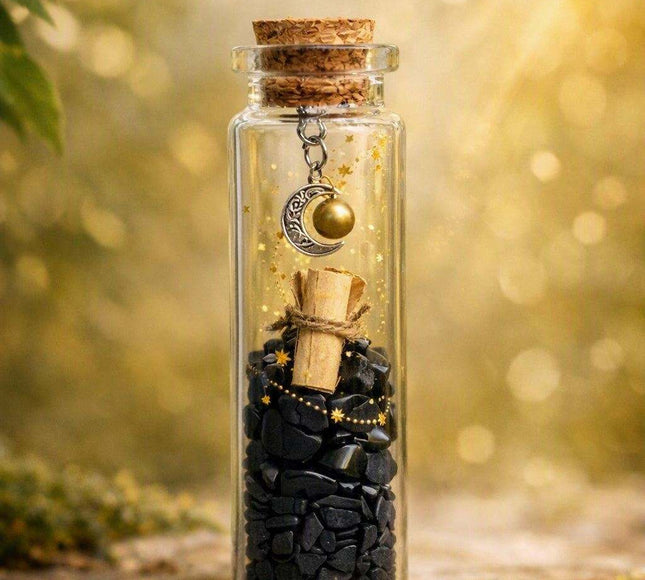 Fiole de protection en verre avec shungite et obsidienne noire