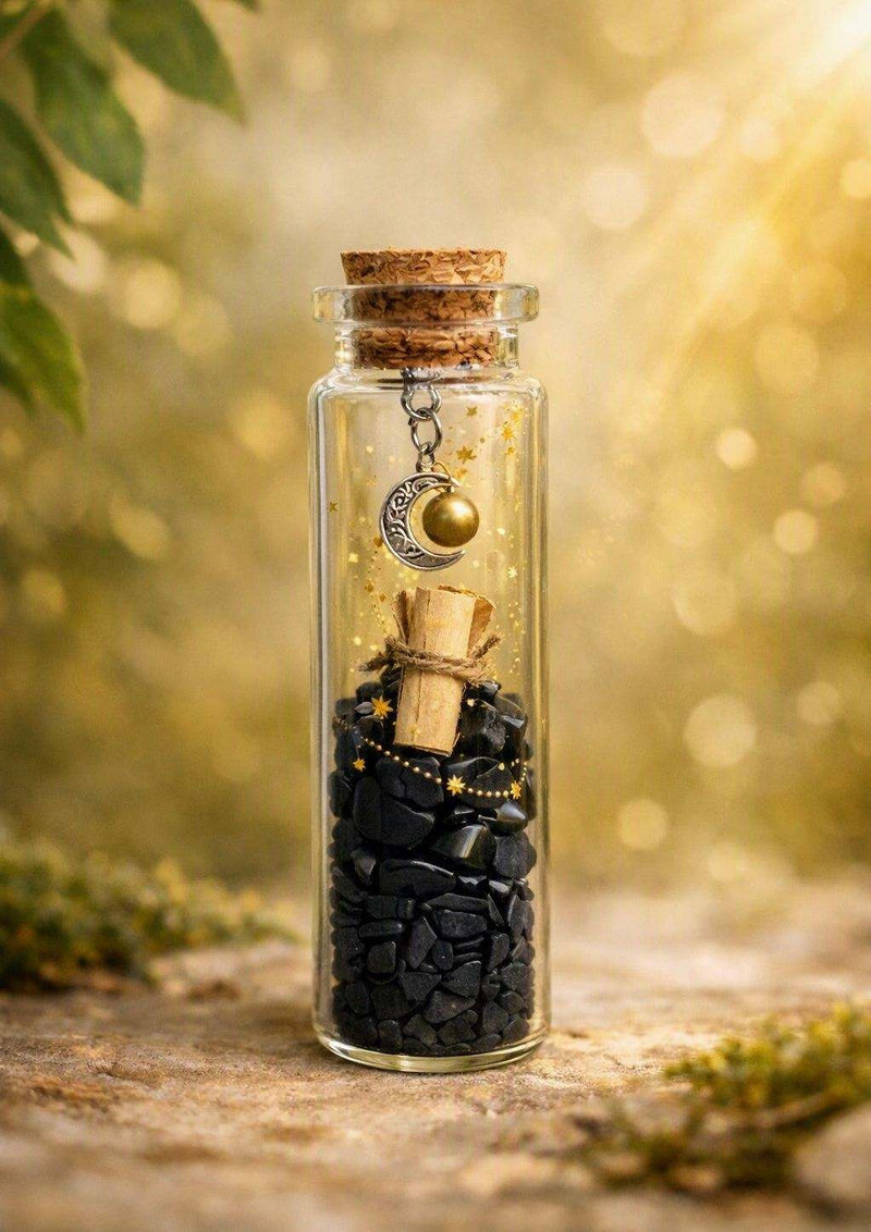 Fiole de protection en verre avec shungite et obsidienne noire
