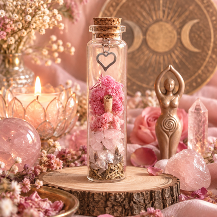 Fiole du Féminin Sacré en verre transparent, avec bouchon en liège, quartz rose, pierres claires et fleurs séchées roses.